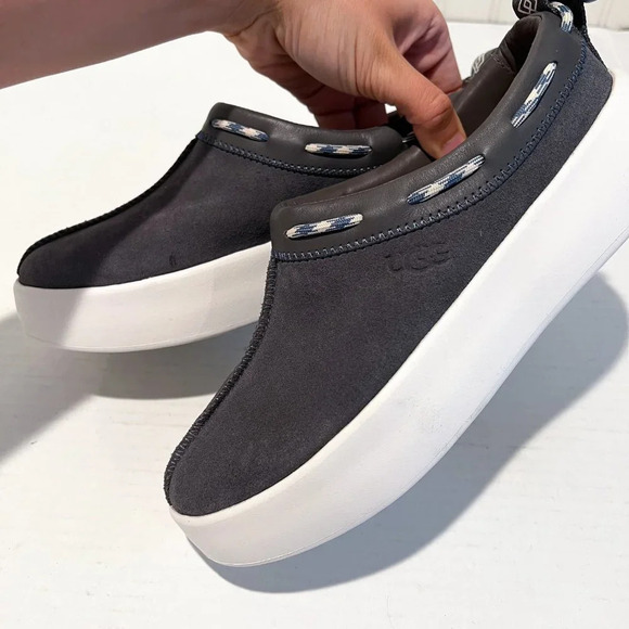 UGG Gray Suede Shearling Lined Platform Boat Shoes Preppy Slip On Loafers 7 NWOB - Picture 4 of 11